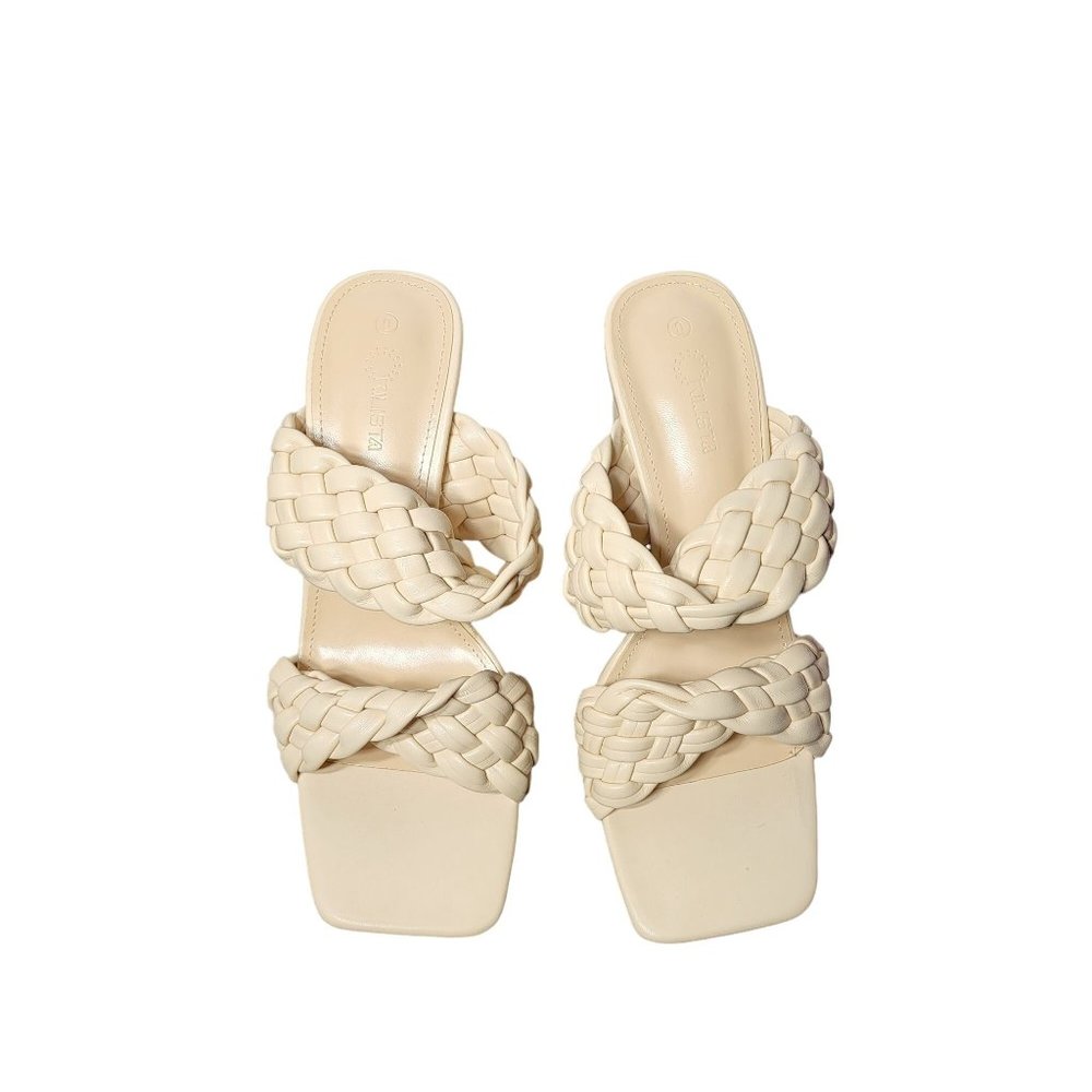 Rilista Braided Heeled Tan Sandals Square Open Toe Chunky Block Mules 9 New Boho - Picture 2 of 11